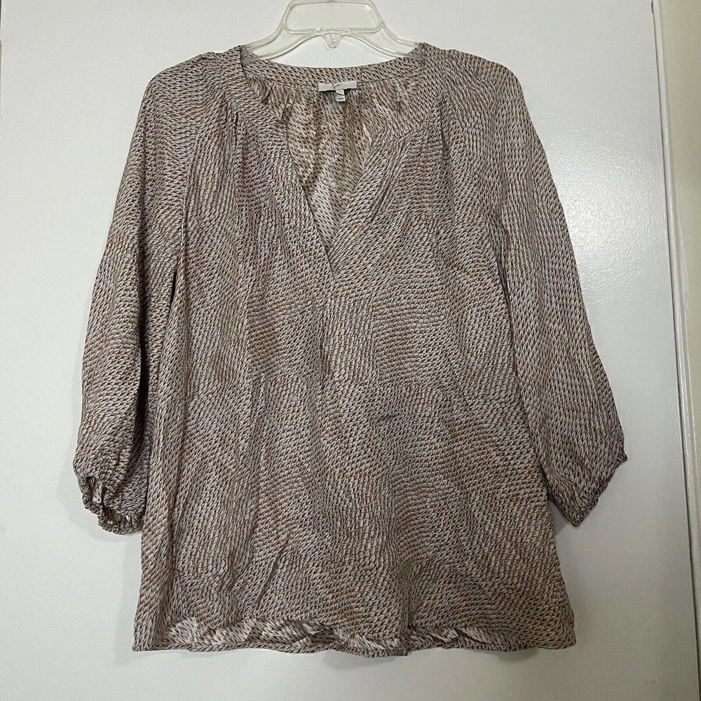 JOIE beige Orange feather print silk vneck blouse top size US medium